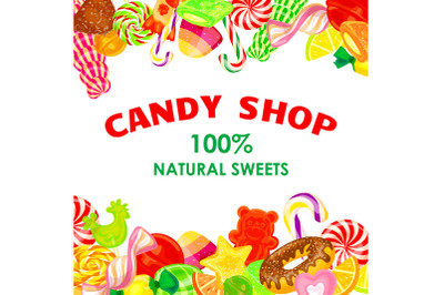 Candy shop concept background, cartoon style