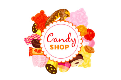 Sweet candy shop concept background, cartoon style