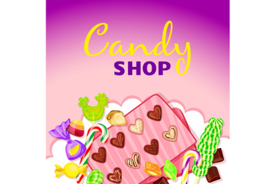 Caramel candy shop concept background, cartoon style