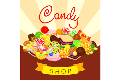 Delicious candy shop concept background, cartoon style