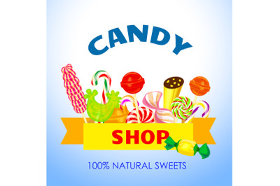 Natural candy shop concept background, cartoon style