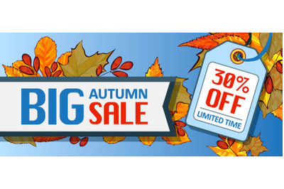 Big autumn sale banner horizontal, cartoon style