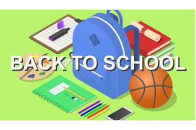 Back to school tools concept background, isometric style