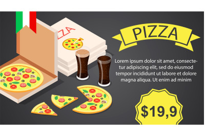 Pizza with cola banner horizontal, isometric style