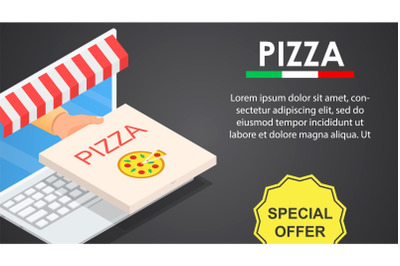 Web pizza offer banner horizontal, isometric style