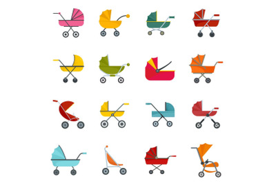 Pram stroller carriage icons set, flat style