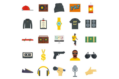 Hiphop rap swag music dance icons set, flat style