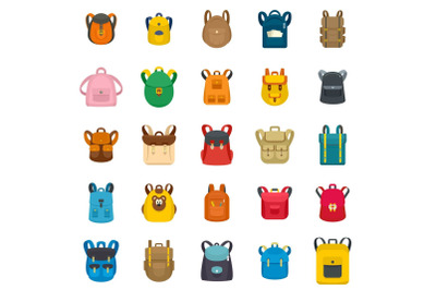 Backpack school travel sport icons set, flat style