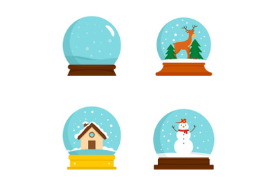 Snow globe ball christmas icons set, flat style