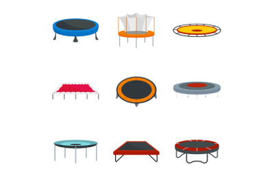 Trampoline jumping park joy icons set, flat style