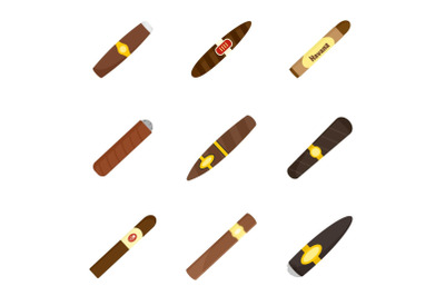 Cigar cuban paper weed icons set, flat style