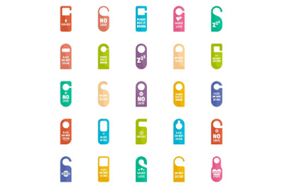 Hanger tags door card hotel icons set, flat style