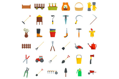 Farming equipment garden icons set, flat style