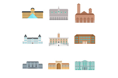 Museum Day Italy palace icons set, flat style