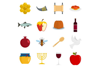 Rosh Hashanah jewish holiday icons set, flat style