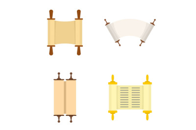 Torah scroll book bible icons set, flat style