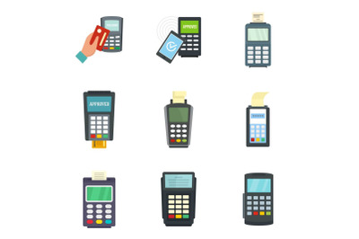 Bank terminal credit card icons set, flat style