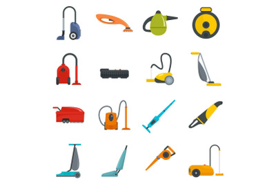 Vacuum cleaner washing icons set, flat style