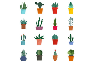 Succulent and cactus flowers icons set, flat style