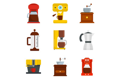 Coffee maker pot espresso icons set, flat style