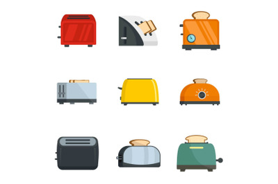 Toaster kitchen bread oven icons set, flat style
