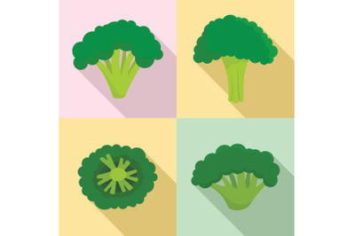 Green broccoli icon set, flat style