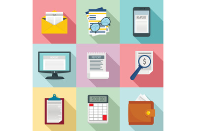 Expense report icon set, flat style