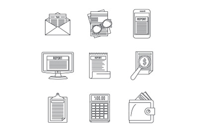 Expense report transaction icon set, outline style