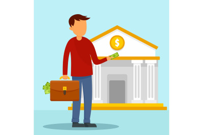 Man take money case to bank concept background, flat style