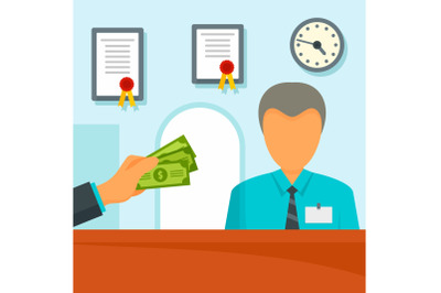Give money bank manager concept background, flat style