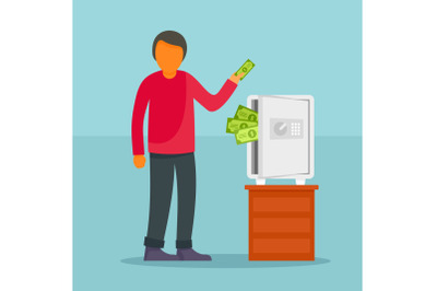 Man take money from safe concept background, flat style