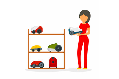 Woman buy vacuum cleaner concept background, flat style