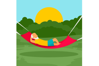 Old man rest hammock concept background, flat style