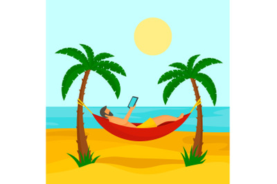 Man at beach hammock concept background, flat style