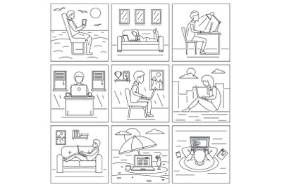 Computer distant work banner set, outline style