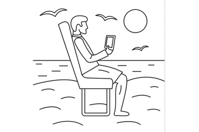 Man distant beach work concept background, outline style