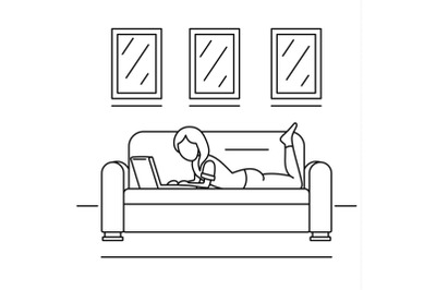 Woman freelancer sofa concept background, outline style