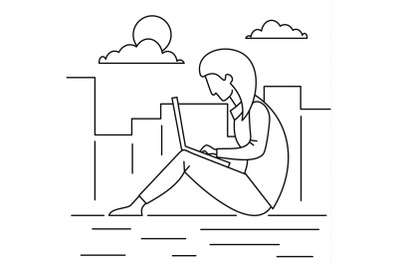 Girl outdoor distant work concept background, outline style