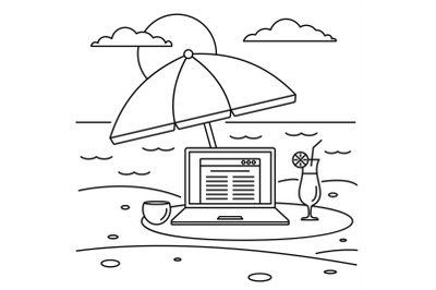 Freelancer notebook beach concept background, outline style