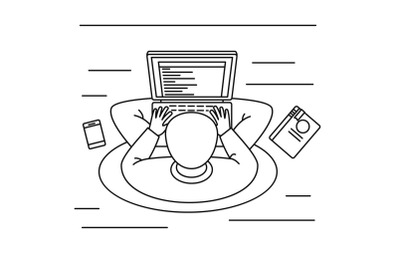 Young man distant work concept background, outline style