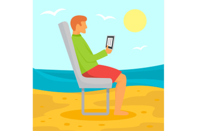 Man distant beach work concept background, flat style