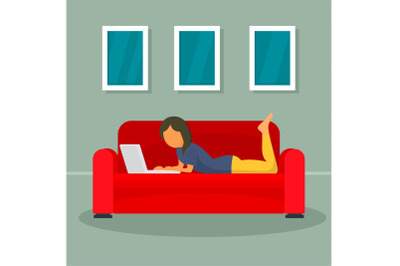 Woman freelancer at sofa concept background, flat style