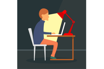 Man freelancer at notebook concept background, flat style