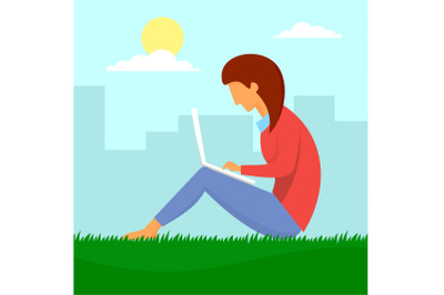 Girl outdoor distant work concept background, flat style