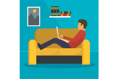Man freelancer at sofa concept background, flat style