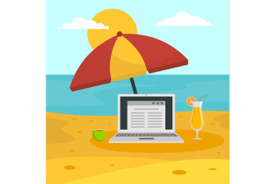 Freelancer notebook at beach concept background, flat style