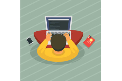 Young man distant work concept background, flat style