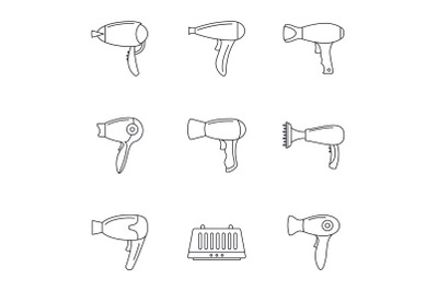 Hair dryer icon set, outline style