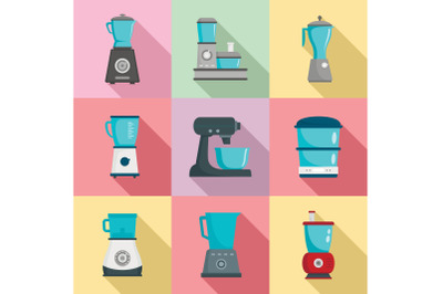 Food processor icon set, flat style