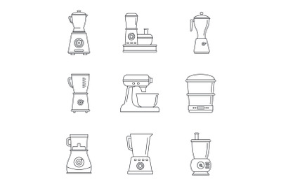 Food processor blender icon set, outline style